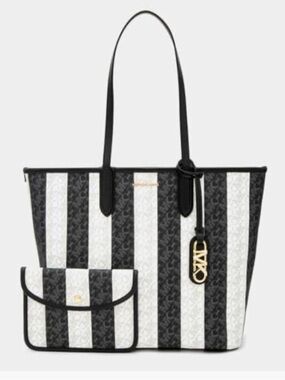 Michael Kors Black & White Striped Signature Tote with Matching Pouch